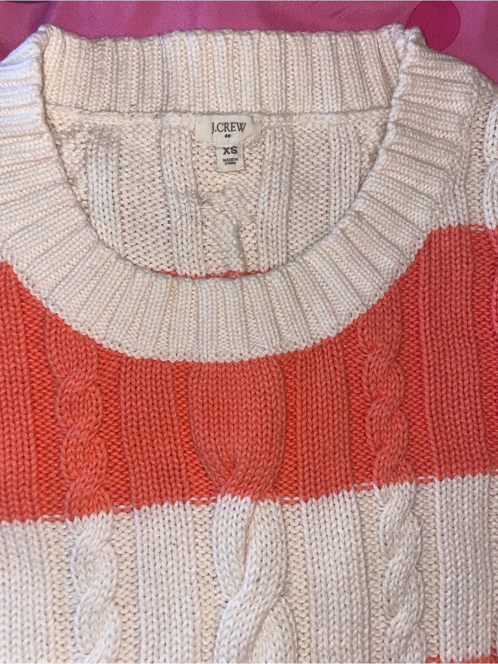 J. CREW / Women’s Cream and Coral /Striped Cable-Knit / Crewneck Sweater